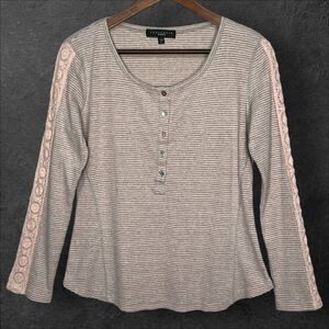 Sanctuary Henley Top Women Size L Pink Gray‎ Striped Lace Detail Long Sleeve